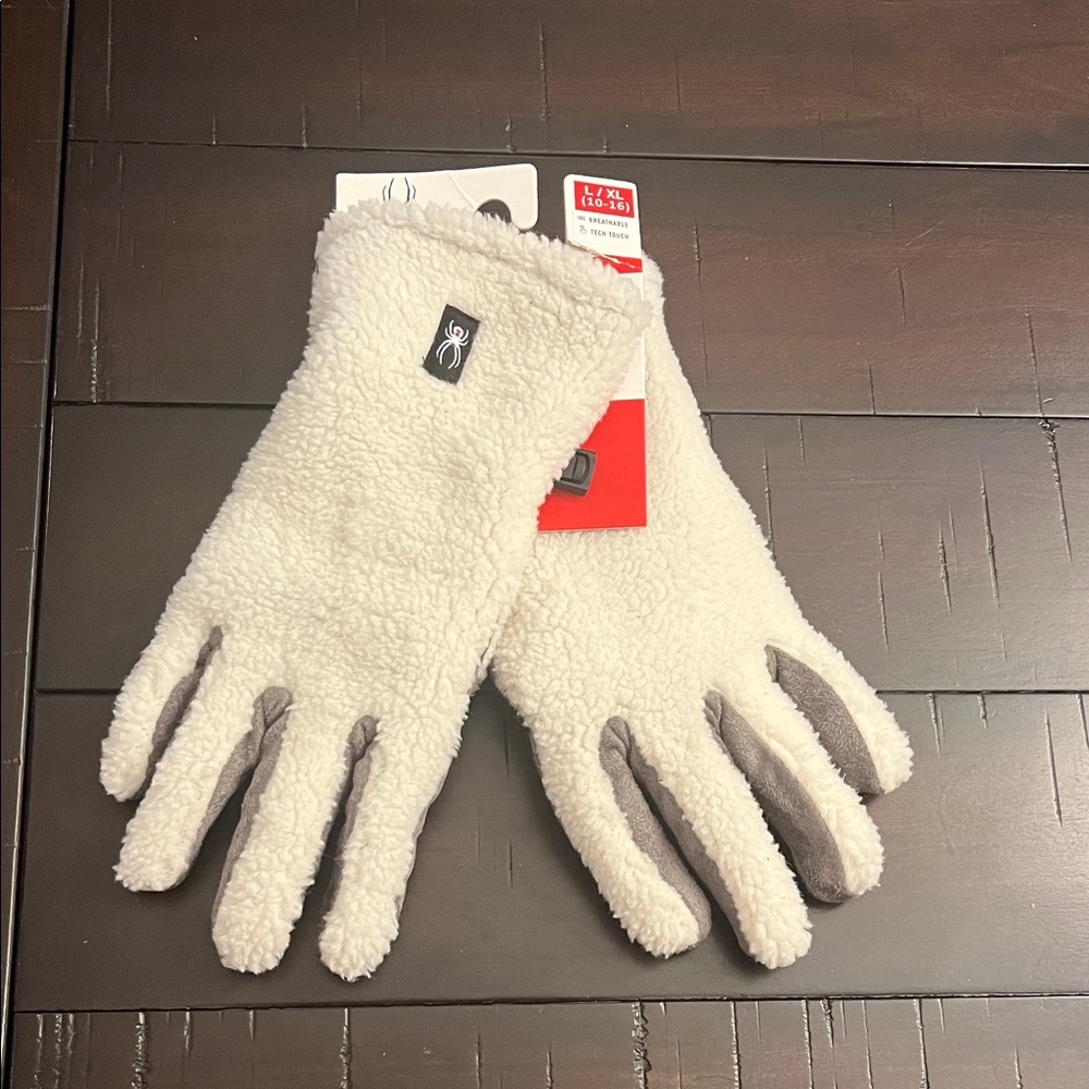 Spyder Fleece Winter Gloves cream gray Tech Kids Size 10-16 Boys or Girls L/XL